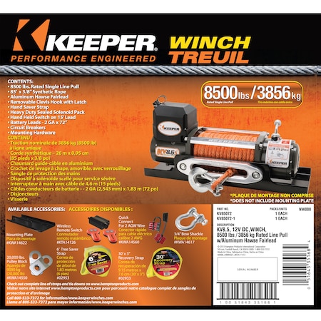 Keeper Value Winch, 12V DC 8500lbs W/Integ. Sealed Solenoids, Synthetic rope KV85072